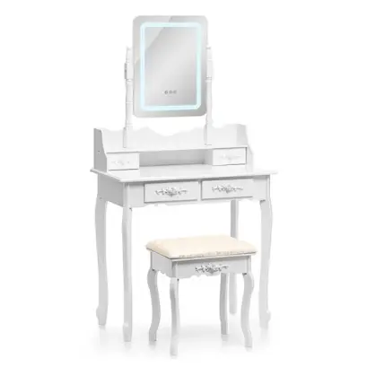 Masa de Toaleta cu Oglinda, Scaun si Iluminare LED - 5 Sertare - Alb
