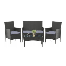 Set Mobila de Gradina cu Efect Ratan - Masa + Banca + 2 x Scaune - Gri