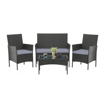 Set Mobila de Gradina cu Efect Ratan - Masa + Banca + 2 x Scaune - Gri