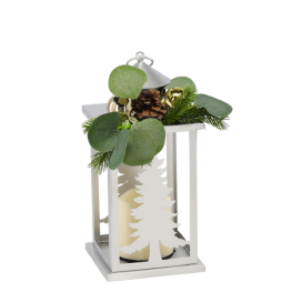 Lampion metalic de Crăciun - 12,5 x 12,5 x 30,5 cm, cu LED, argintiu, decorat