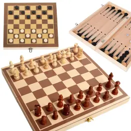 Joc 3 in 1, Sah, Table si Dame - Lemn, 30 x 30 cm