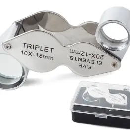 Lupă de buzunar pliabilă pentru bijutieri cu mărire 10x și 20x, din oțel, în cutie elegantă