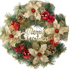 Coroană decorativă de Crăciun de 40 cm, cu ornamente colorate și mesajul Crăciun Fericit