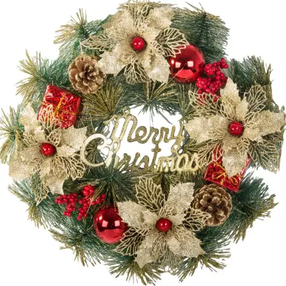Coroană decorativă de Crăciun de 40 cm, cu ornamente colorate și mesajul Crăciun Fericit